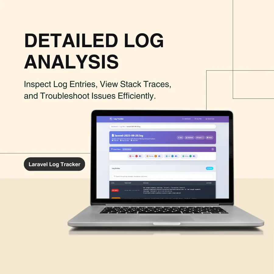 Log viewer with level filters and stack traces